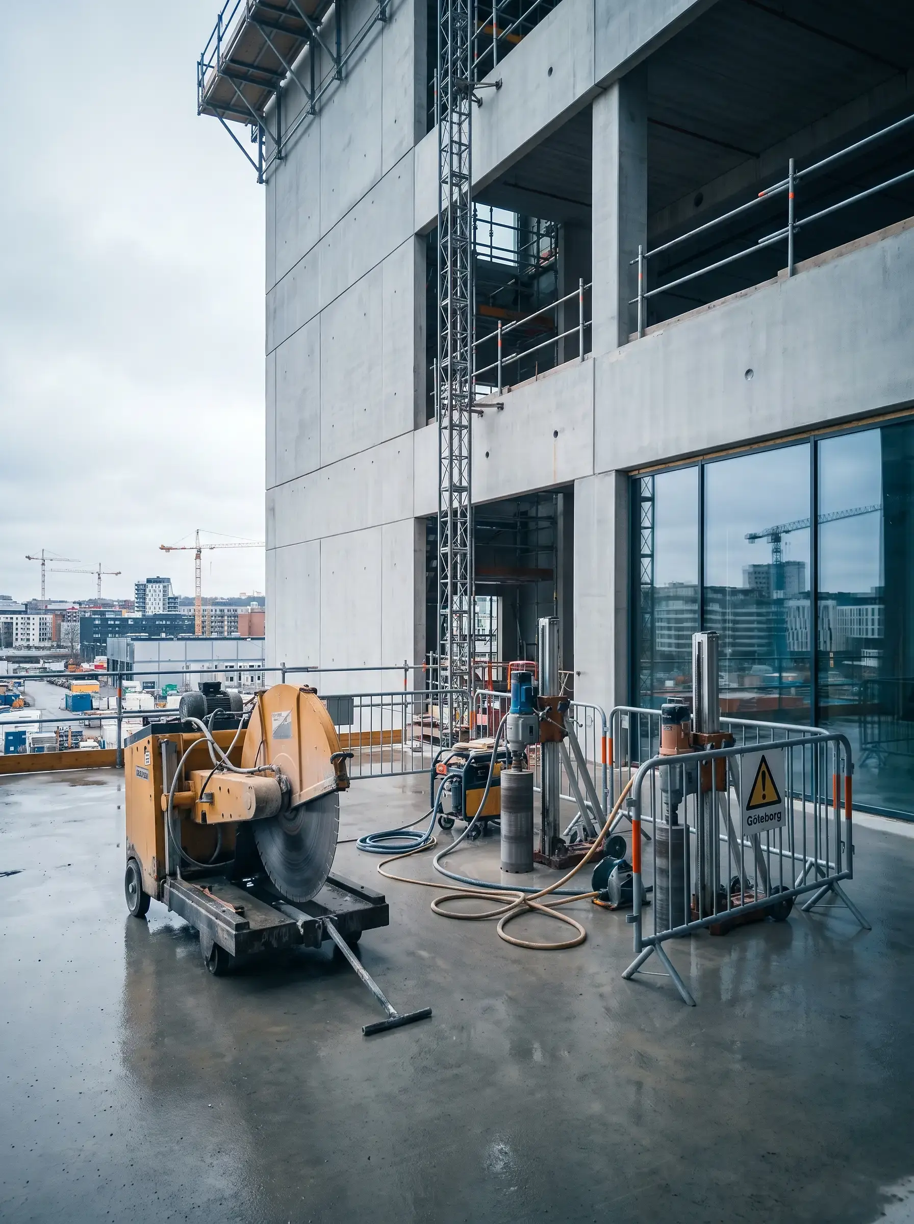 Byggarbetsplats med betongskärare och byggmaskiner på tak i Göteborg
