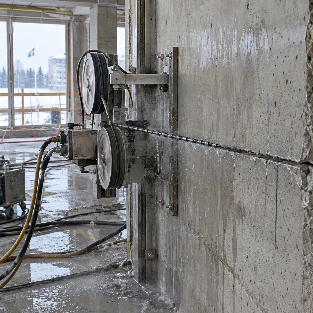 Diamantvajersåg skär genom betongvägg på byggarbetsplats, vattenkylning rinner.