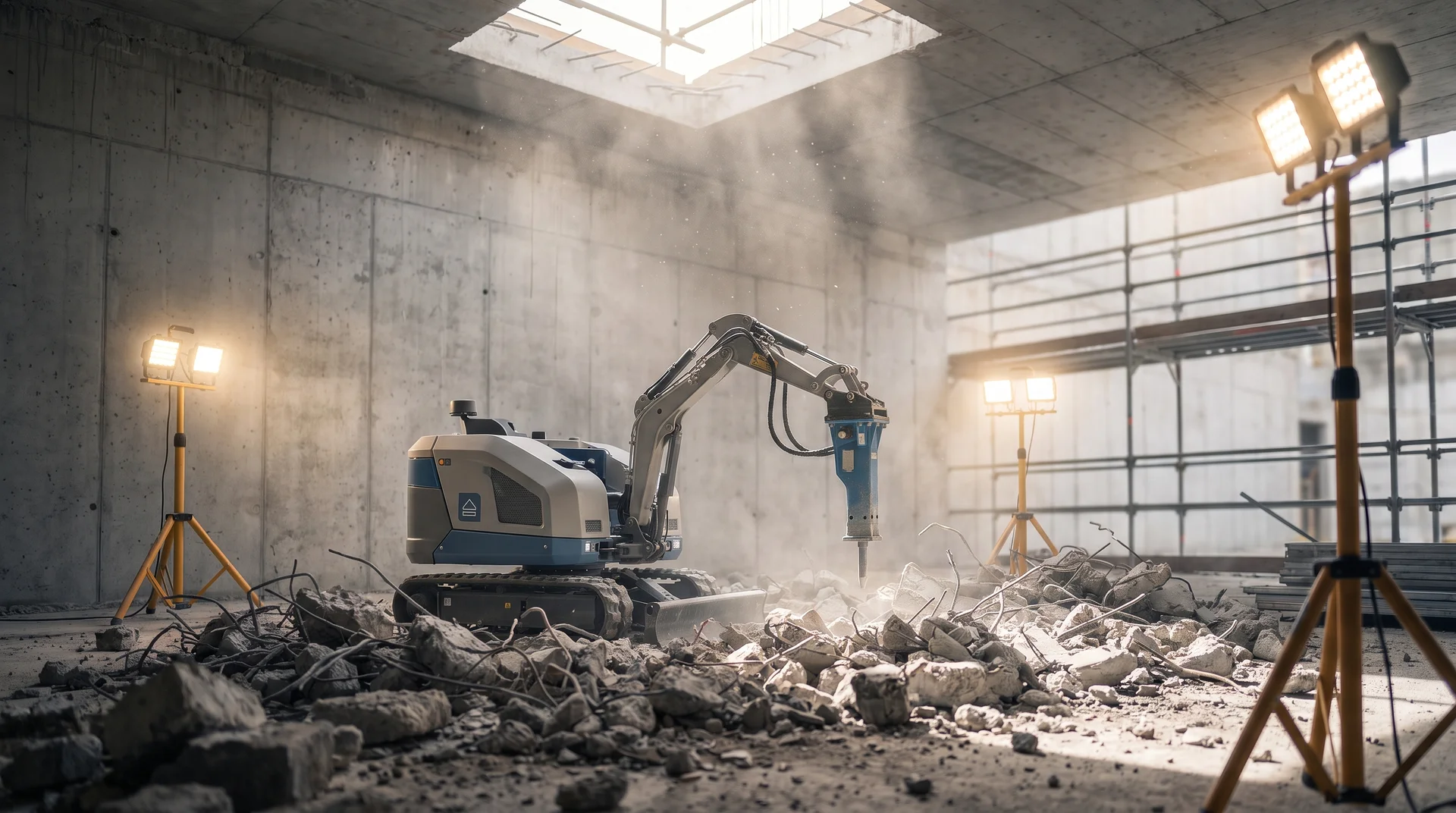 En autonom minigrävare med hydraulhammare demolerar betong inomhus.