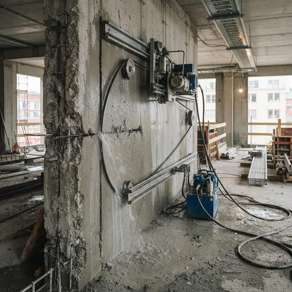 Vajersågning av betongvägg med hydraulisk utrustning på byggarbetsplats