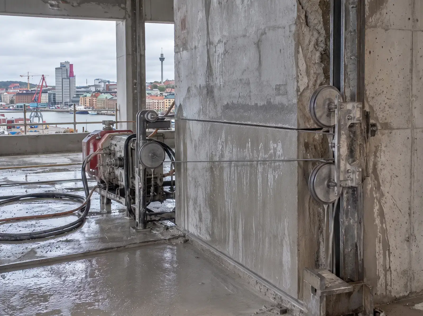 Vajersågning av betongvägg på byggarbetsplats med stadsutsikt över hamn.